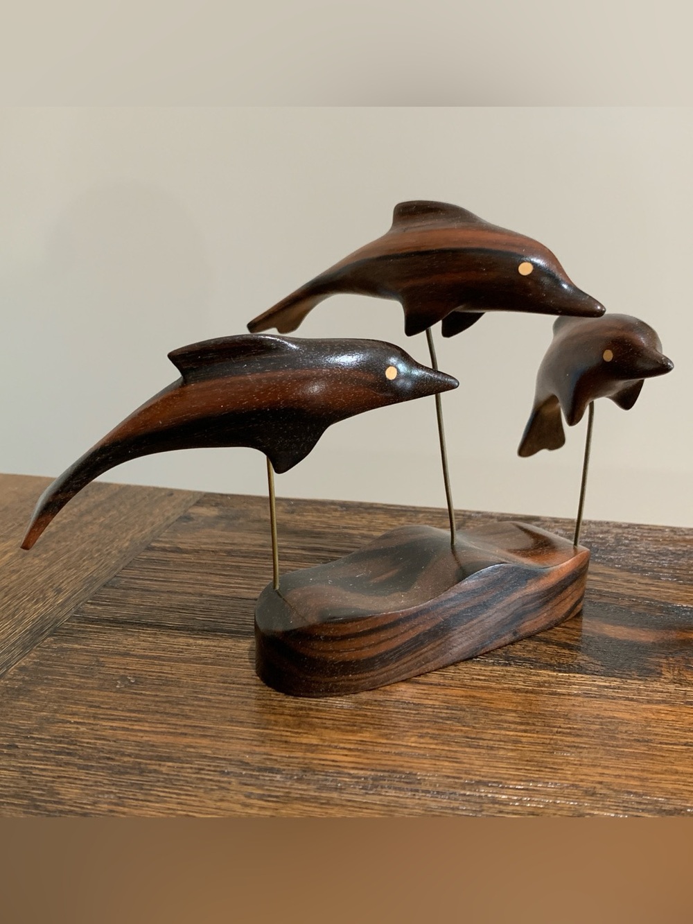 Vintage Hand-Carved Hardwood Three Dolphins Sculpture — Leaping Pod on Wave Base